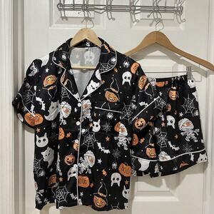 Halloween Pajama Set Womens S Ghost Pumpkin Mummies Print‎ Button Top & Shorts